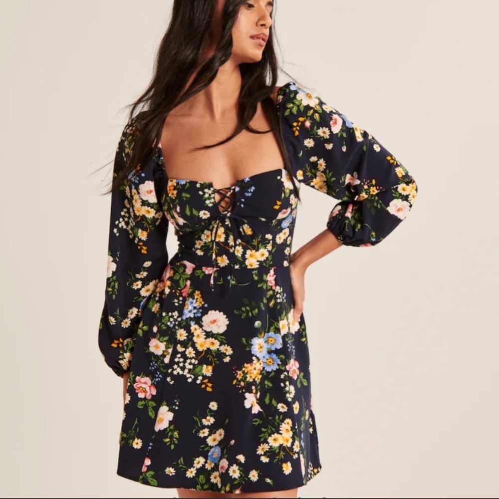 Floral Lace-Up Navy Sweetheart Mini Dress